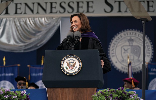 Vice President Kamala Harris delivers the commencement address during the Tennessee State University graduation ceremony last Saturday in Nashville, Tenn.