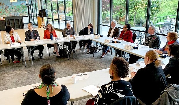 Ivory N. Mathews, the new executive director for Home Forward (upper left), addresses the housing crisis during a meeting in Portland this month with President Biden’s Housing Secretary, Marcia Fudge (center, head table), and other local officials, including members of Oregon’s congressional delegation.