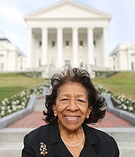 Ellalee Fountain Flowers sits on the South Portico steps of the Virgnia State Capitol in 2018. She died Sunday, May 15, 2022, at home at age 98.