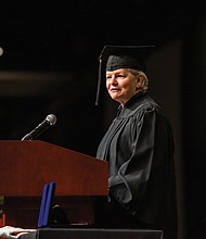During graduation ceremonies last Satruday, keynote speaker and VCU alumna Charlotte Moss tells graduates to never lose the desire to help others with the skills they earned at VCU.