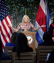 First lady Jill Biden speaks at a women entrepreneurs event at the U.S. Chief of Mission Residence in San José, Costa Rica, on May 21 and the women in attendance have participated in U.S. State Department-sponsored programs focused on entrepreneurship.
Mandatory Credit: Erin Schaff/The New York Times/AP