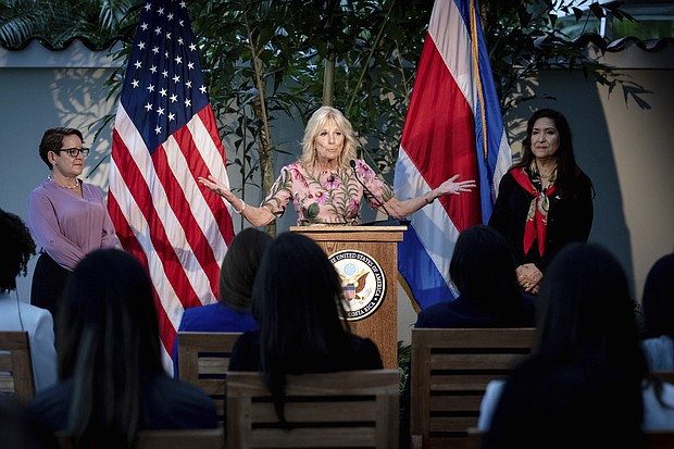 First lady Jill Biden speaks at a women entrepreneurs event at the U.S. Chief of Mission Residence in San José, Costa Rica, on May 21 and the women in attendance have participated in U.S. State Department-sponsored programs focused on entrepreneurship.
Mandatory Credit: Erin Schaff/The New York Times/AP