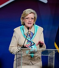 Cleta Mitchell speaks at the Pennsylvania Leadership Conference in Camp Hill, Pa., on April 1, played a key role in Trump's efforts to overturn the 2020 election in Georgia, efforts that turned Trump against the GOP state leaders.
Mandatory Credit: Matt Rourke/AP