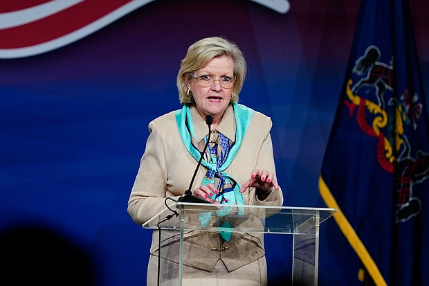 Cleta Mitchell speaks at the Pennsylvania Leadership Conference in Camp Hill, Pa., on  April 1, played a key role in Trump's efforts to overturn the 2020 election in Georgia, efforts that turned Trump against the GOP state leaders.
Mandatory Credit:	Matt Rourke/AP