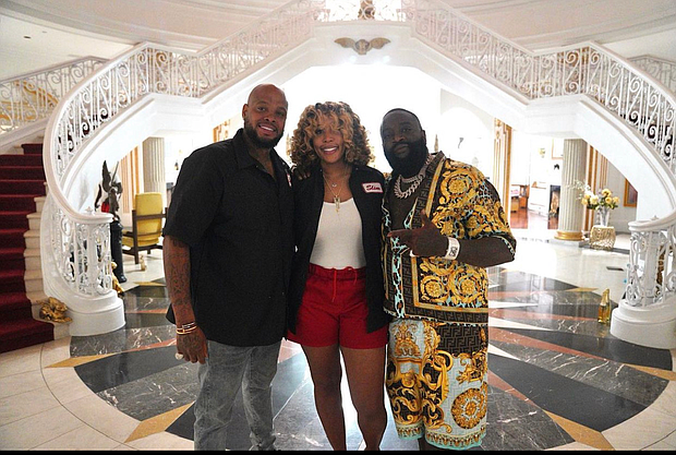 (L-R) Turkey Leg Hut Founders Lynn Price, Nakia Price, and Musician Rick Ross at his Georgia mansion