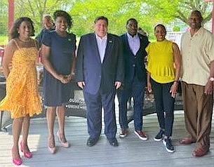 Lynwood Mayor Jada Curry is joined by Governor Pritzker and other State officials  during a recent canvass in the Lynwood community.  Photo provided by STH Media.