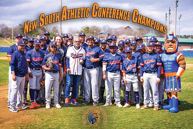 VSU President Makola M. Abdullah, in white jersey, helped the university’s baseball team celebrate winning the New South Atlantic Conference tournament May 10-11 in Elizabeth City, N.C.