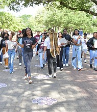 TSU orientation guides lead prospective students down the Tiger Walk on a campus tour during a recent TSU Preview Day event.