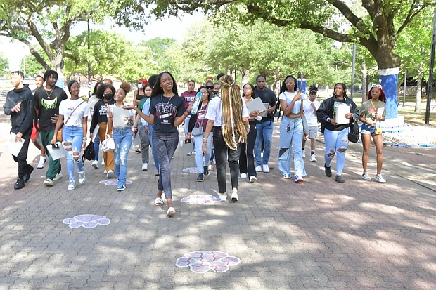 TSU orientation guides lead prospective students down the Tiger Walk on a campus tour during a recent TSU Preview Day event.