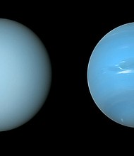NASA's Voyager 2 spacecraft captured these views of Uranus (L) and Neptune (R) during its flybys of the planets in the 1980s.
Mandatory Credit:	NASA/JPL-Caltech/B. Jónsson