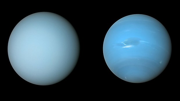 NASA's Voyager 2 spacecraft captured these views of Uranus (L) and Neptune (R) during its flybys of the planets in the 1980s.
Mandatory Credit:	NASA/JPL-Caltech/B. Jónsson
