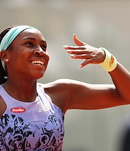 Coco Gauff celebrates after her victory against Sloane Stephens.
Mandatory Credit:	Clive Brunskill/Getty Images Europe/Getty Images