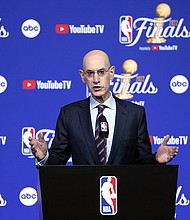 NBA commissioner Adam Silver speaks to the media prior to Game One of the 2022 NBA Finals.
Mandatory Credit:	Thearon W. Henderson/Getty Images