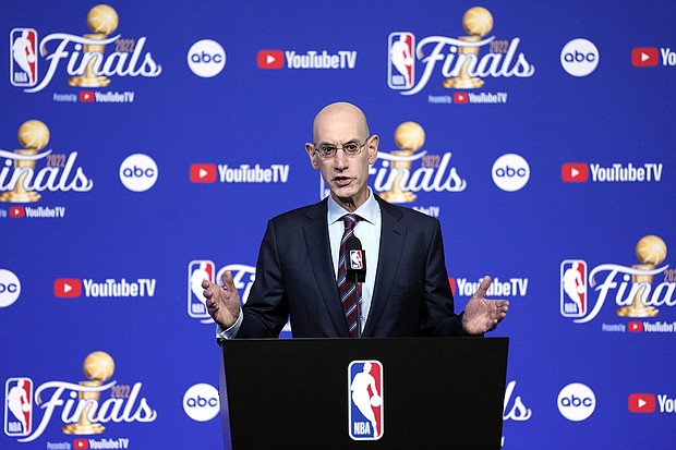 NBA commissioner Adam Silver speaks to the media prior to Game One of the 2022 NBA Finals.
Mandatory Credit:	Thearon W. Henderson/Getty Images