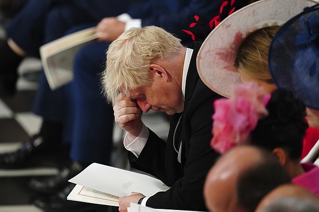 Prime Minister Boris Johnson is pictured at the service of thanksgiving held at St Paul's Cathedral in London on June 3 as part of celebrations marking the Queen's Platinum Jubilee.
Mandatory Credit:	Victoria Jones/AP