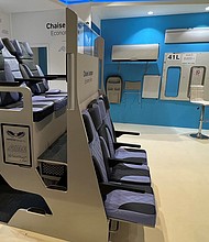 Here's what it might be like to travel on a double decker airplane seat. The Chaise Longue Airplane Seat is pictured here on display at AIX 2022 Hamburg.
Mandatory Credit:	Francesca Street/CNN