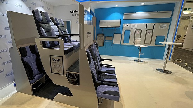 Here's what it might be like to travel on a double decker airplane seat. The Chaise Longue Airplane Seat is pictured here on display at AIX 2022 Hamburg.
Mandatory Credit:	Francesca Street/CNN