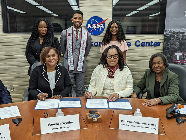 TSU President Dr. Lesia L. Crumpton-Young (front, center) and NASA Johnson Space Center Director Vanessa Wyche (front, left) have signed the Space Act Agreement, which expands opportunities for education, workforce development and research between the University and government agency. They are joined by Dr. Lillian B. Poats (front, right), TSU’s Acting Provost; and (back row, l. to r.) Misti Moore, NASA Johnson Space Center Minority University Research and Education Project Manager and TSU alumna; Taylor Getwood, Mister TSU; and Bianca Elam, TSU senior.