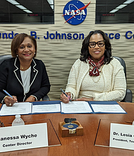 TSU President Dr. Lesia L. Crumpton-Young and NASA Johnson Space Center Director Vanessa Wyche sign Space Act Agreement