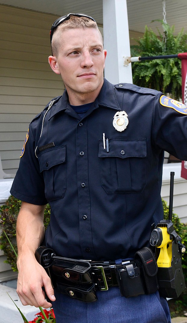 Former Grand Rapids Police Officer Christopher Schurr is pictured. Schurr has been fired less than a week after being charged with second-degree murder in the death of Patrick Lyoya, City Manager Mark Washington announced June 15.
Mandatory Credit:	Emily Rose Bennett/The Grand Rapids Press/AP