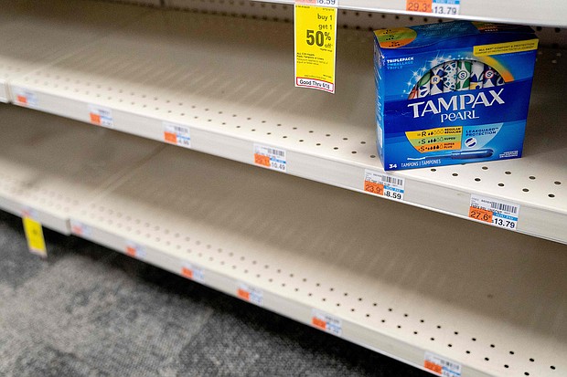 A box of Tampax Pearl tampons are seen on a shelf at a store in Washington, DC, on June 14. Tampons are in short supply and the global supply chain once again is to blame for causing a shortage of a consumer necessity.
Mandatory Credit:	Stefani Reynolds/AFP/Getty Images