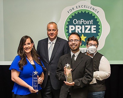Emmanuel Aquino (second from right) of Beaumont Middle School in northeast Portland is named Educator of the Year for grades 6-8 in the 2022 OnPoint Community Credit Union Prize for Excellence in Education awards. Also pictured are Jennifer Krebs, OnPoint’s K-5 Educator of the Year honoree; Rob Stuart, the credit union’s president and CEO; and Jesse Bolt, OnPoint’s 9-12 Educator of the Year.