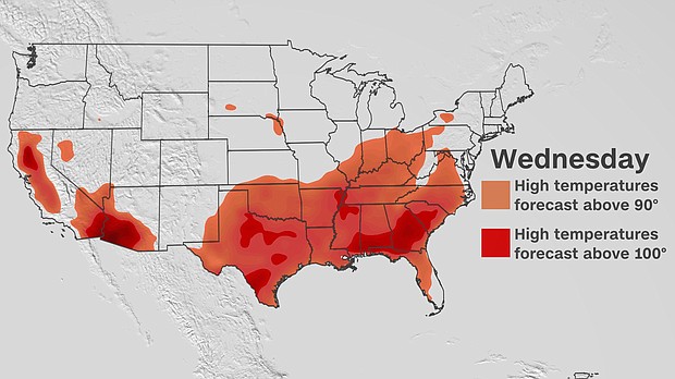 From California to the Great Plans and into the Southeast, 30 million Americans in 15 states are under heat alerts on June 22.
Mandatory Credit:	CNN Weather