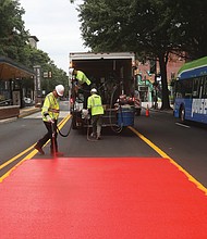 The red lane coating is the international standard for transit-only traffic, and is designed to help drivers and pedestrians be more aware of the Pulse-only lanes as well as to help buses run more smoothly.