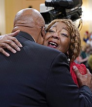 On Tuesday, Rep. Bennie Thompson, D-Miss., hugs Ruby Freeman, mother of Wandrea “Shaye” Moss, a former Georgia election worker, as the House select committee investigating the Jan. 6 attack on the U.S. Capitol continues to reveal its findings of a year-long investigation, at The Capitol in Washington.