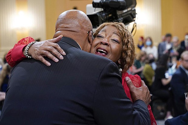 On Tuesday, Rep. Bennie Thompson, D-Miss., hugs Ruby Freeman, mother of Wandrea “Shaye” Moss, a former Georgia election worker, as the House select committee investigating the Jan. 6 attack on the U.S. Capitol continues to reveal its findings of a year-long investigation, at The Capitol in Washington.