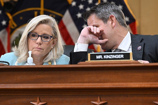 The hearing before the House select committee investigating the January 6, 2021, insurrection turns the panel's focus toward how former President Donald Trump tried to use the Justice Department to bolster his attempts to overturn the 2020 presidential election, and pictured, 
Rep. Liz Cheney and Rep. Adam Kinzinger at the January 6th investigation on June 13, 2022 on Capitol Hill in Washington, DC.
Mandatory Credit:	Saul Loeb/AFP/Getty Images