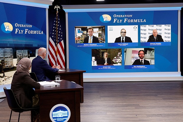 U.S. President Joe Biden holds a meeting with White House officials and baby formula manufacturers, as part of the U.S. response to the ongoing baby formula shortage, in an auditorium on the White House campus in Washington, on June 1.
Mandatory Credit:	Jonathan Ernst/Reuters