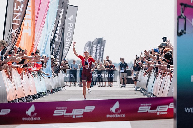 Nicola Spirig crosses the finish line in Germany at the end of the Phoenix Sub8 project.
Mandatory Credit:	MANA
