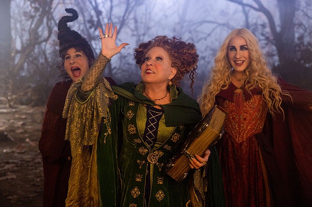 A first look at the Disney+ original movie "Hocus Pocus 2" is here. Kathy Najimy as Mary Sanderson, Bette Midler as Winifred Sanderson, and Sarah Jessica Parker as Sarah Sanderson in Disney's Hocus Pocus 2 are pictured here.
Mandatory Credit:	Matt Kennedy/Disney+