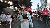 Activist Kam (who prefers not to use her last name) leads hundreds in a rally at City Hall and a march through the city June 24 in response to the Supreme Court’s decision to overturn Roe v. Wade.