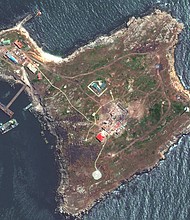 A satellite image shows an overview of Snake Island, Ukraine on May 12.
Mandatory Credit:	Maxar Technologies/Reuters