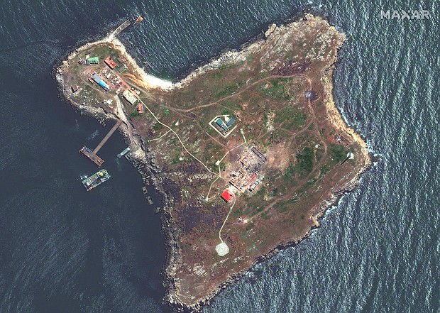 A satellite image shows an overview of Snake Island, Ukraine on May 12.
Mandatory Credit:	Maxar Technologies/Reuters