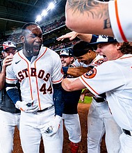 Alvarez celebrates with teammates after hitting a walk-off home run to defeat the Kansas City Royals
Photo Credit-Houston Astros