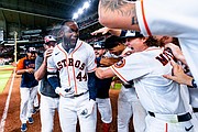 Alvarez celebrates with teammates after hitting a walk-off home run to defeat the Kansas City Royals
Photo Credit-Houston Astros