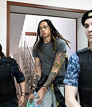 President Joe Biden and Vice President Kamala Harris spoke by phone on July 6 with Cherelle Griner, the wife of WNBA star Brittney Griner, center, who is detained in a Russian prison, according to the White House.
Mandatory Credit:	Krill Kudryavtsev/AFP/Getty Images