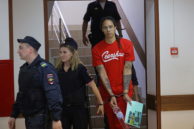 Two-time US Olympic basketball gold medalist Brittney Griner, seen here on July 7, has pleaded guilty to drug charges in a Russian court near Moscow, her lawyers confirmed to CNN.
Mandatory Credit:	Evgenia Novozhenina/Reuters