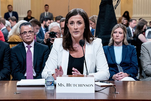 Cassidy Hutchinson, an aide to then White House chief of staff Mark Meadows, testifies last month before a House select committee hearing to Investigate the January 6 attack on the US Capitol, on Capitol Hill in Washington, DC.
Mandatory Credit:	Andrew HarnikAFP/Getty Images