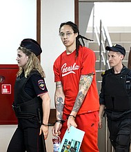 WNBA star Brittney Griner, pictured here, in Moscow, Russia, on July 7 is expected to make another court appearance, a week after she pleaded guilty to drug charges at a Russian court near Moscow.
Mandatory Credit:	Alexander Zemlianichenko/AP