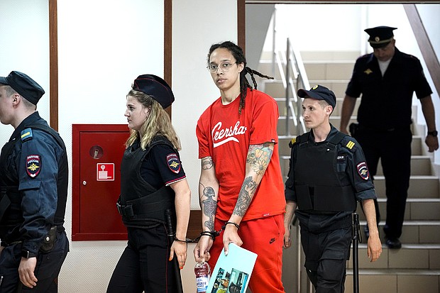 WNBA star Brittney Griner, pictured here, in Moscow, Russia, on July 7 is expected to make another court appearance, a week after she pleaded guilty to drug charges at a Russian court near Moscow.
Mandatory Credit:	Alexander Zemlianichenko/AP