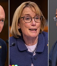 From left to right, Sens. Mark Kelly of Arizona, Maggie Hassan of New Hampshire and Raphael Warnock of Georgia. These three Democrats are up for reelection this fall.
Mandatory Credit:	Getty Images