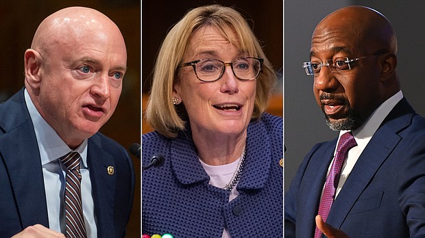From left to right, Sens. Mark Kelly of Arizona, Maggie Hassan of New Hampshire and Raphael Warnock of Georgia. These three Democrats are up for reelection this fall.
Mandatory Credit:	Getty Images