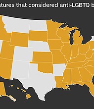 State lawmakers across the US have introduced at least 162 bills targeting LGBTQ Americans this year through July 1, according to a CNN analysis of data compiled by the American Civil Liberties Union, already marking a record-breaking year for such legislation.
Mandatory Credit:	CNN