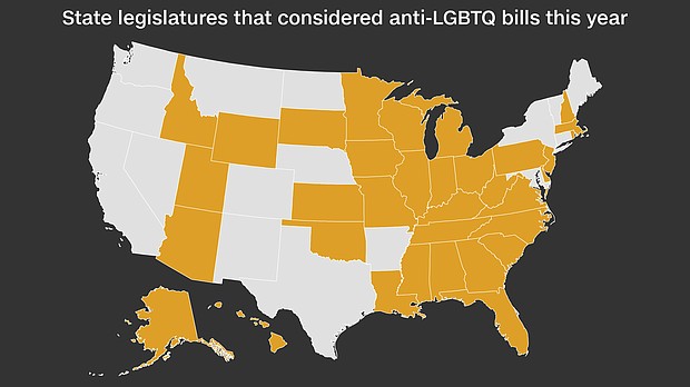 State lawmakers across the US have introduced at least 162 bills targeting LGBTQ Americans this year through July 1, according to a CNN analysis of data compiled by the American Civil Liberties Union, already marking a record-breaking year for such legislation.
Mandatory Credit:	CNN
