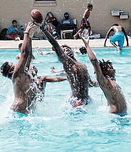 Youngsters beat the heat recently at the Blackwell Community Center swimming pool, 300 E. 15th St. Temperatures are expected to continue in the 90s through this weekend.