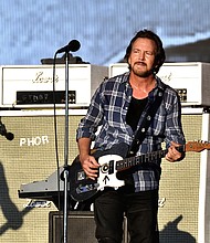 Eddie Vedder of Pearl Jam headlines the Great Oak Stage as American Express present BST Hyde Park at Hyde Park on July 9 in London, England. Extreme heat in Europe has caused Pearl Jam to cancel its concert in Vienna on July 20.
Mandatory Credit:	Gus Stewart/Redferns/Getty Images